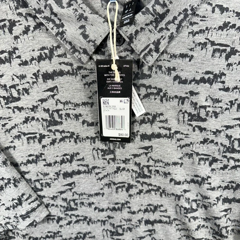Adidas Polo Shirt Mens L Grey Black Go-To Printed Abstract Golf New MSRP 80